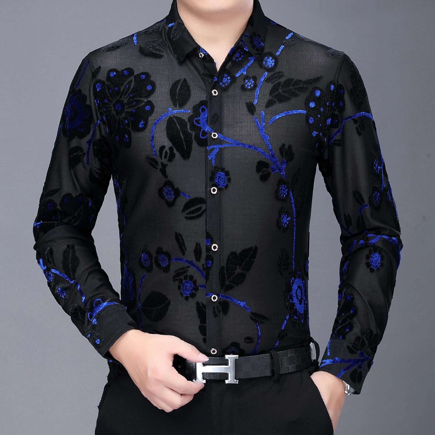 

Luxury Floral Shirt High Quality Blue Flower Shirts Men Office Shirt Long Sleeve Camisa 2021 Fall Chemise Homme Mannen Kleding