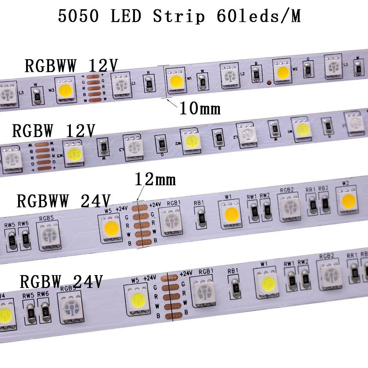 DC12V 24V 5050 Светодиодные ленты RGBW гибкий светодиодный светильник 60LED/м NW 4000K УФ IP20/IP65