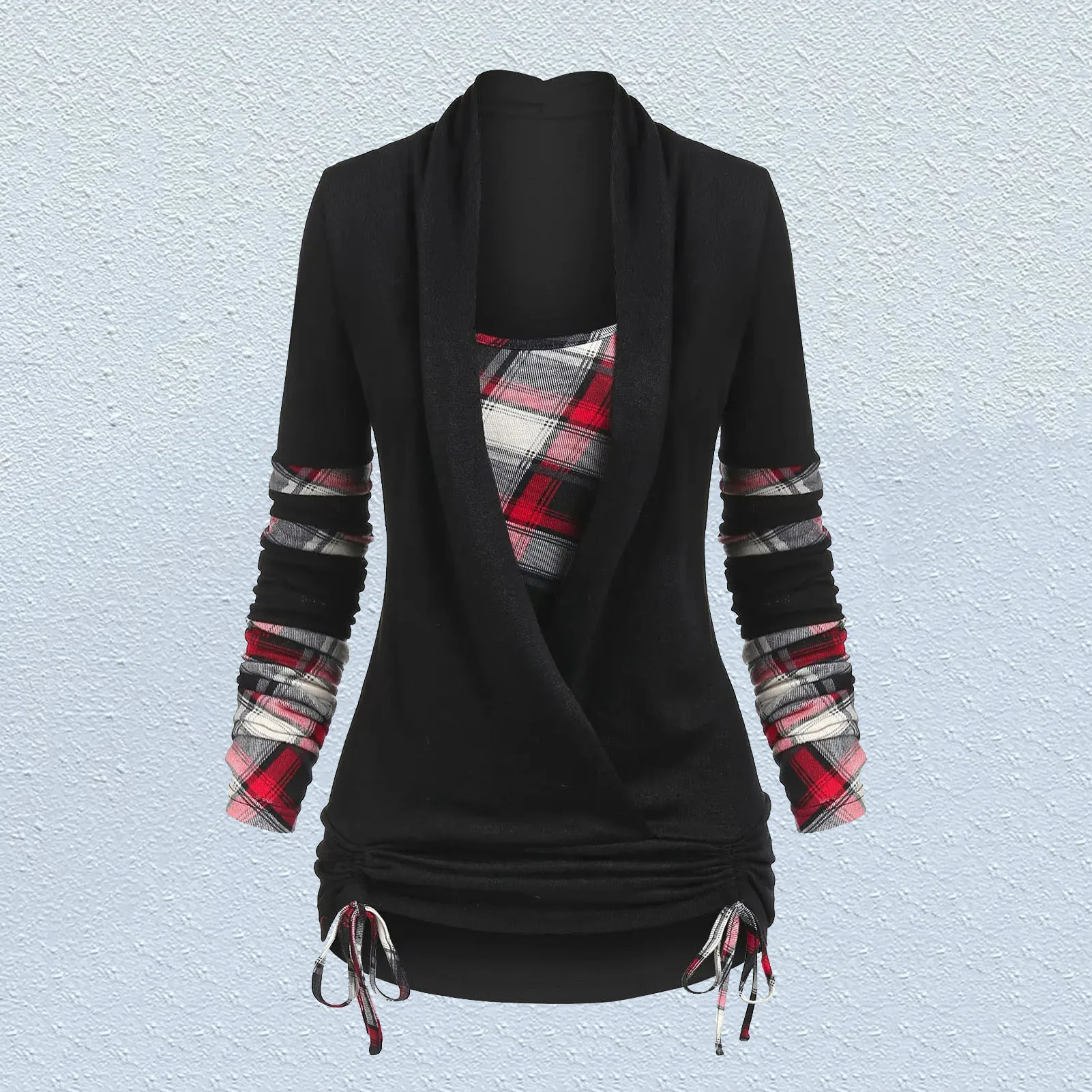 

Collared Curved Hem 2 in 1 Pullover Tunic Tops Plus Size Roll Up Long Sleeve Plaid Insert Surplice T Shirts Tops Блузки