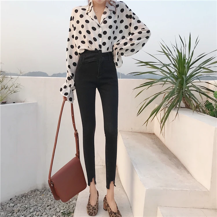 

Женские эластичные джинсы Real shot, Асимметричные Брюки-карандаш с высокой и низкой талией, 2020