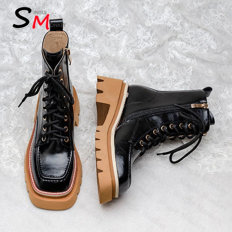 

Женские мотоциклетные ботинки на высоком каблуке, осенне-зимние ботильоны на массивном каблуке, модные туфли-лодочки, женские ботинки-глад...