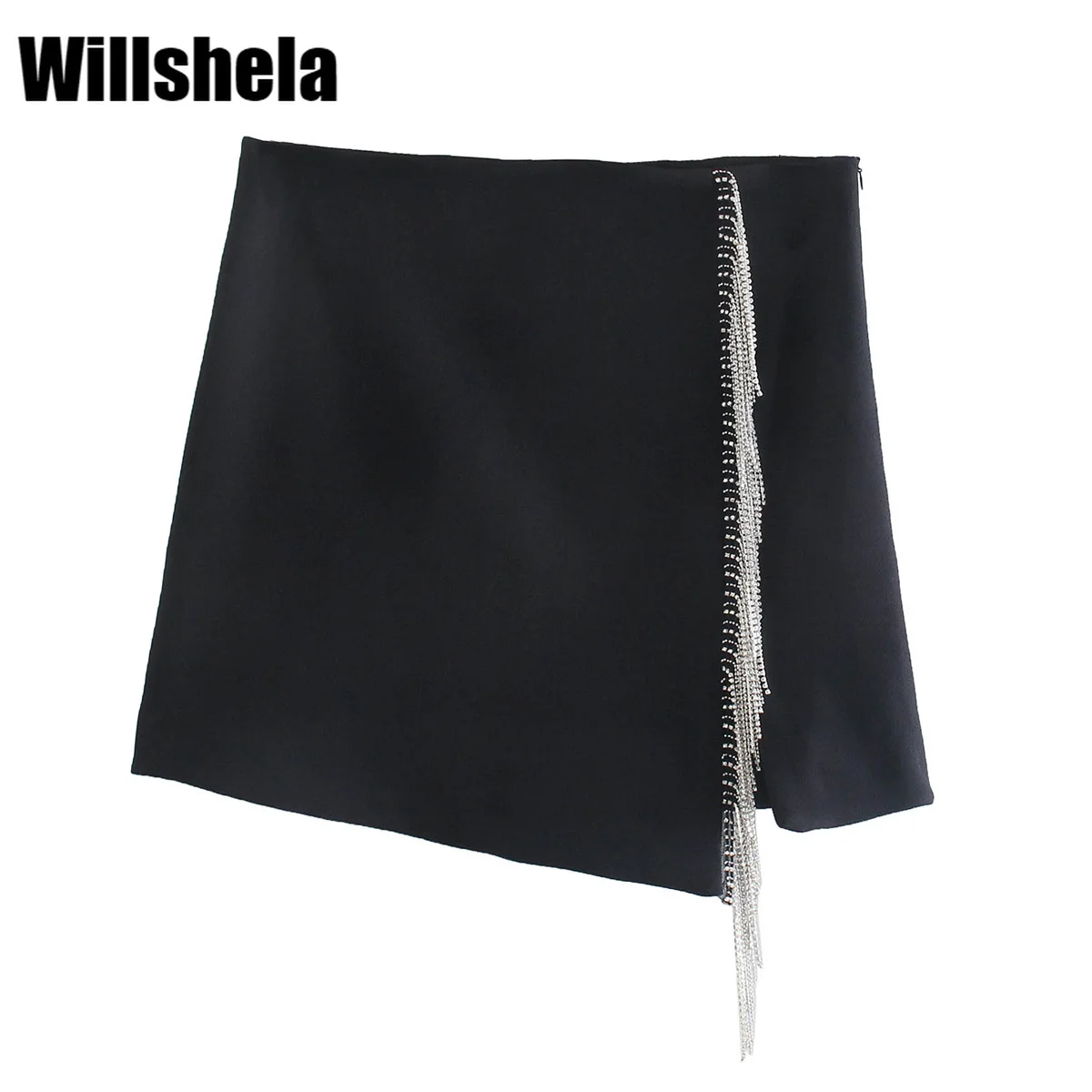 

Willshela Женская модная мини-юбка с искусственным драгоценным камнем, кисточка с высокой талией, невидимая боковая молния, шикарная женская по...