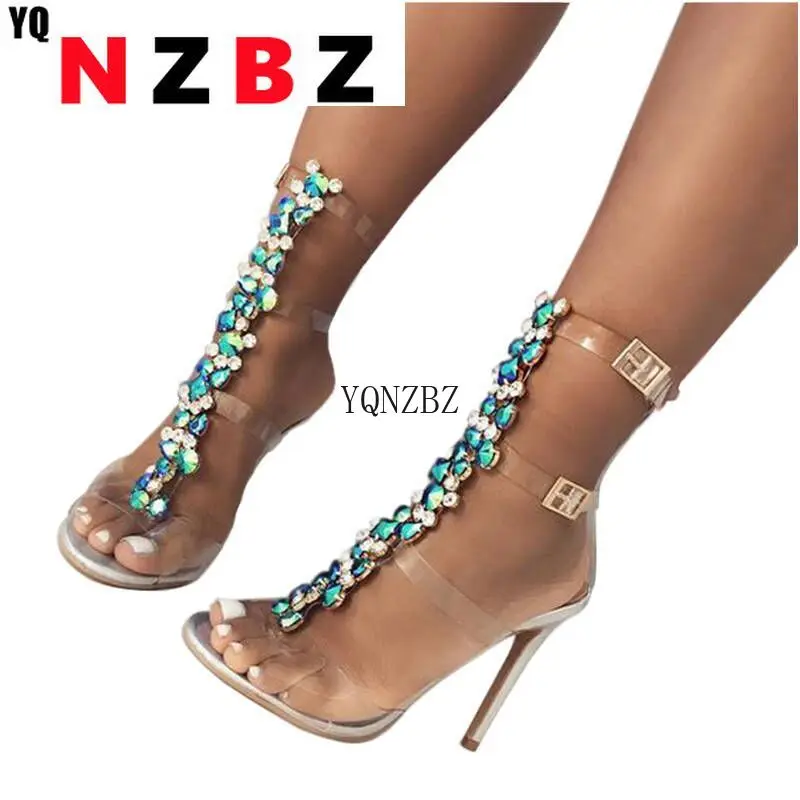 

YQNZBZ 2021 PVC Jelly Blue Crystal Sandals Open Toed High Heels Sexy Buckle Strap Women Sandals Pumps Silver size 35-42