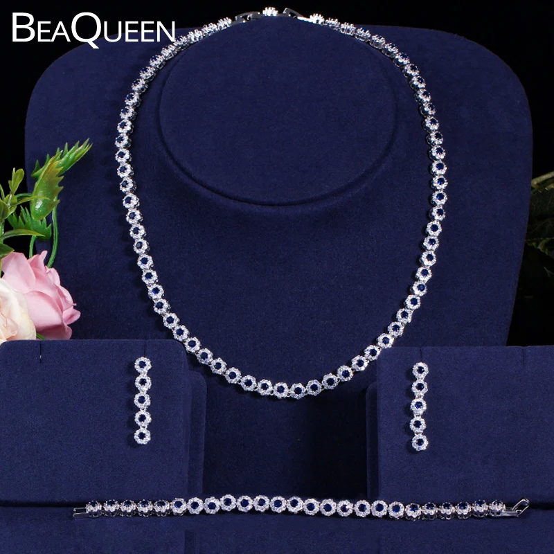 BeaQueen темно синий цветок кубического циркония 3 шт Теннисный браслет ожерелье