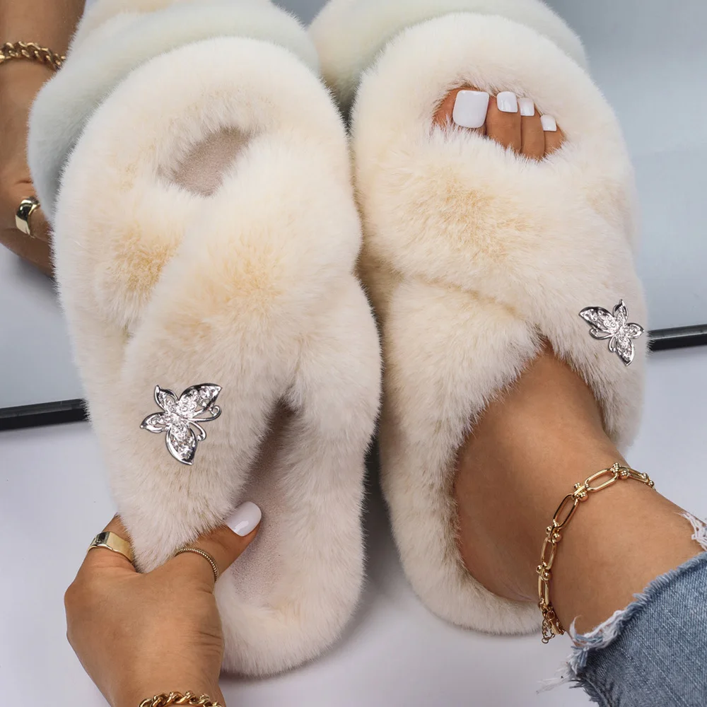 Fluffy Flip Flops Women Furry Slippers Rhinestone Butterfly Faux Fur Slides Cozy Slippers Fashion Sandals Winter Warm Shoes 2021