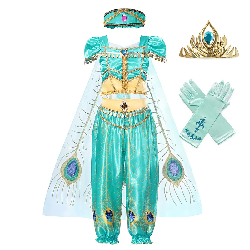 Jasmine Set C 4 шт. принцесса одежда Jasmine Комплект для девочки Топ Брюки повязка на голову Тюлевая накидка ребенок Алладин Косплей Вечерние наряды танец живота одежда - Цвет: Jasmine Set C