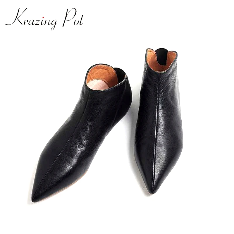 Krazing Pot Big Size Full Grain Leather Soft Winter Spring Shoes Modern Girl Pointed Toe Slip on Flats Office Lady Pregnant Shoe