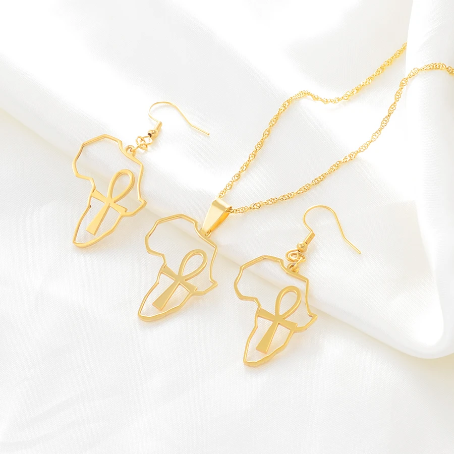 Anniyo Africa Map &amp Ankh Pendant Necklace Women Girl Gold Color Jewelry African Nile Key Chains Egyptian Symbol Cross #154621 |