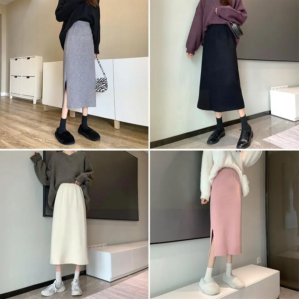 

Женская Длинная трикотажная юбка-карандаш с эластичным поясом, вязаные зимние женские одноэтажные осенние черные шерстяные юбки с разрезо...