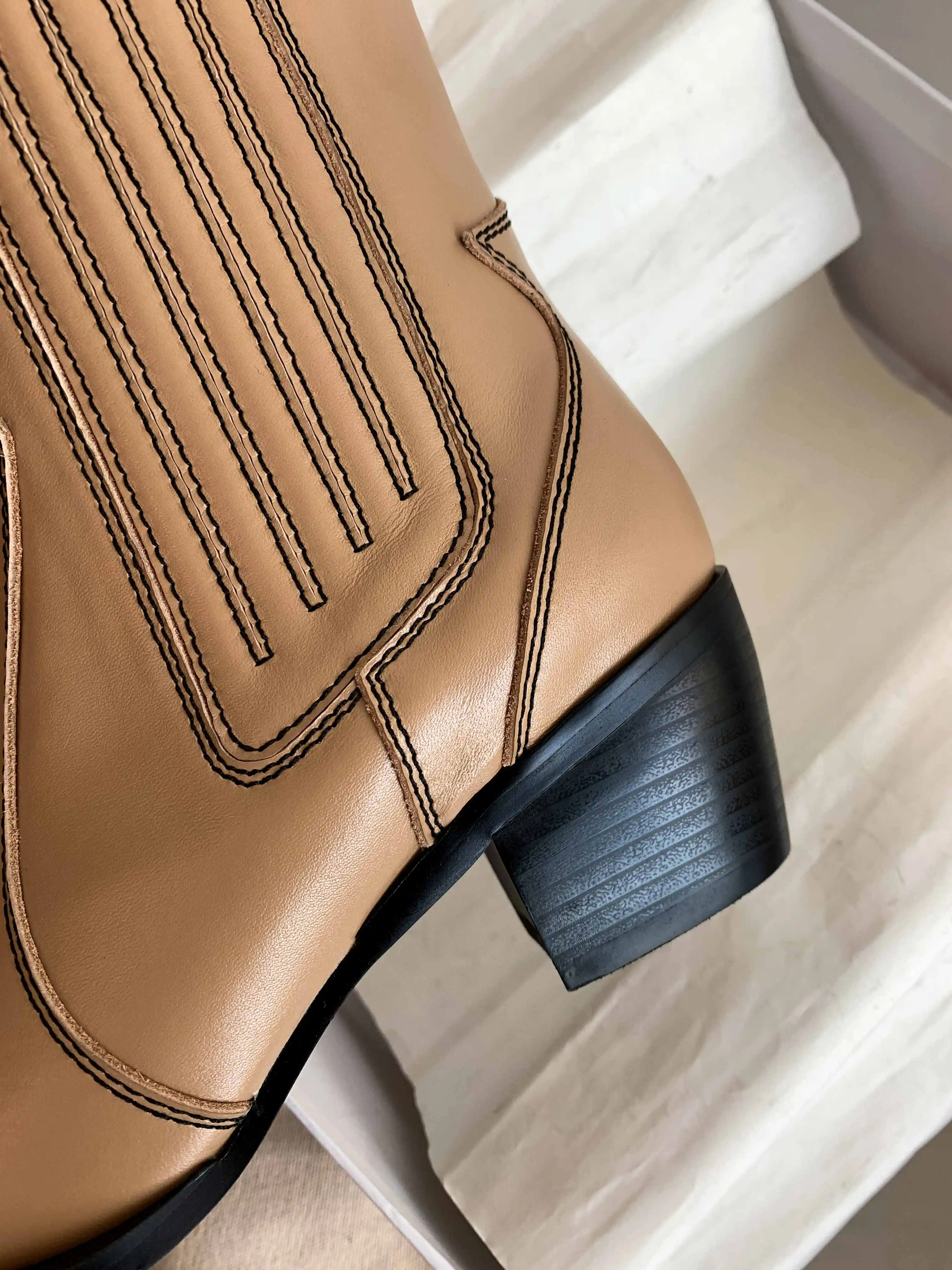 

Lenkisen western boots genuine leather fashion european design pointed toe thick high heel slip on gorgeous mid-calf boots L19