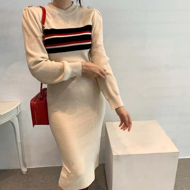 

French Office Lady Mid Sweaters Dress One-Piece Dress Autumn Winter Women Stripe Elegant Slim Long Sleeve Knit Dress Merino Wool