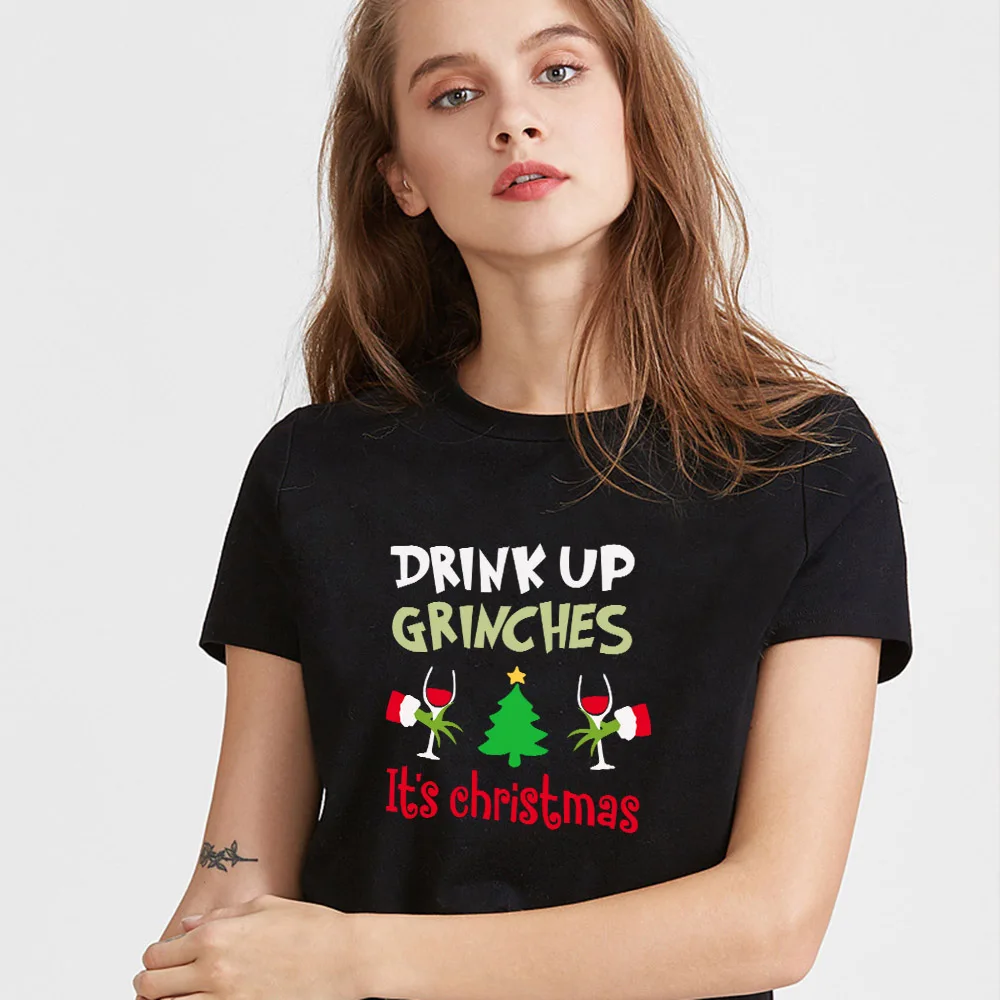 2QIMU Drink Up Grinches It's Christmas футболки модные графические женские Топы футболка с