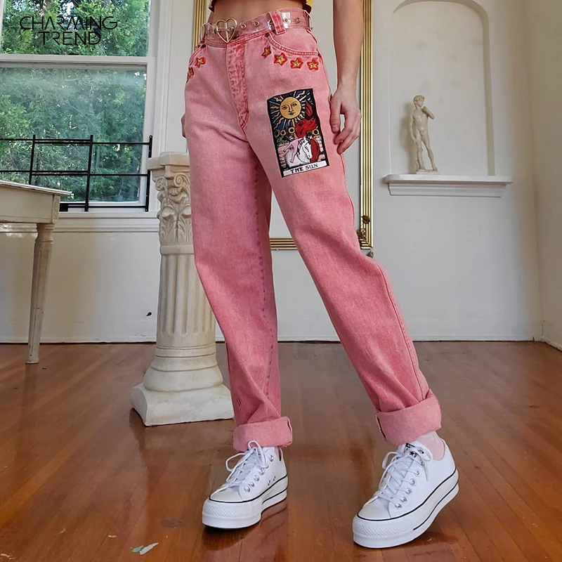 

Vintage Pink Women‘s Jeans Pants Mid-waist Sun Star Pattern Young Girl Denim Trousers Summer Autumn Female Cute Jeans Cartoon