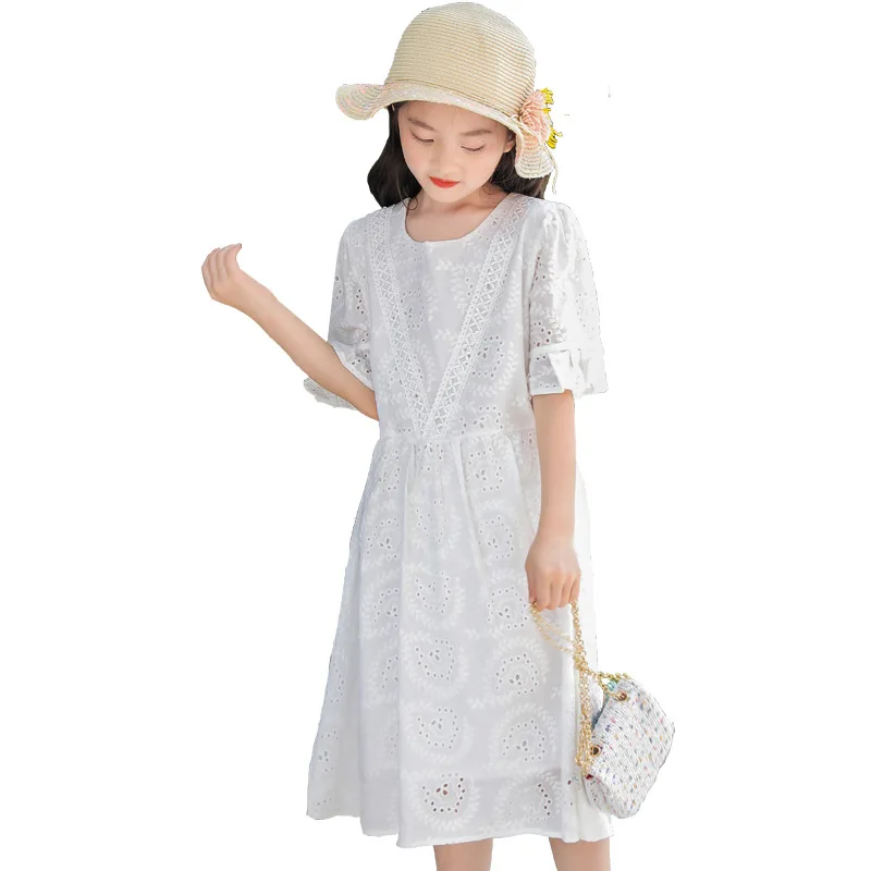 

Kids Dress for Girls 4-14 Years Teen Lace Hollow Out Girl Dress Short Sleeve Summer Children Clothing Princess Costume