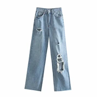 za 2021 women stretch straight ripped jeans washed full length high waist wide legged denim pants pocket vintage hole trousers