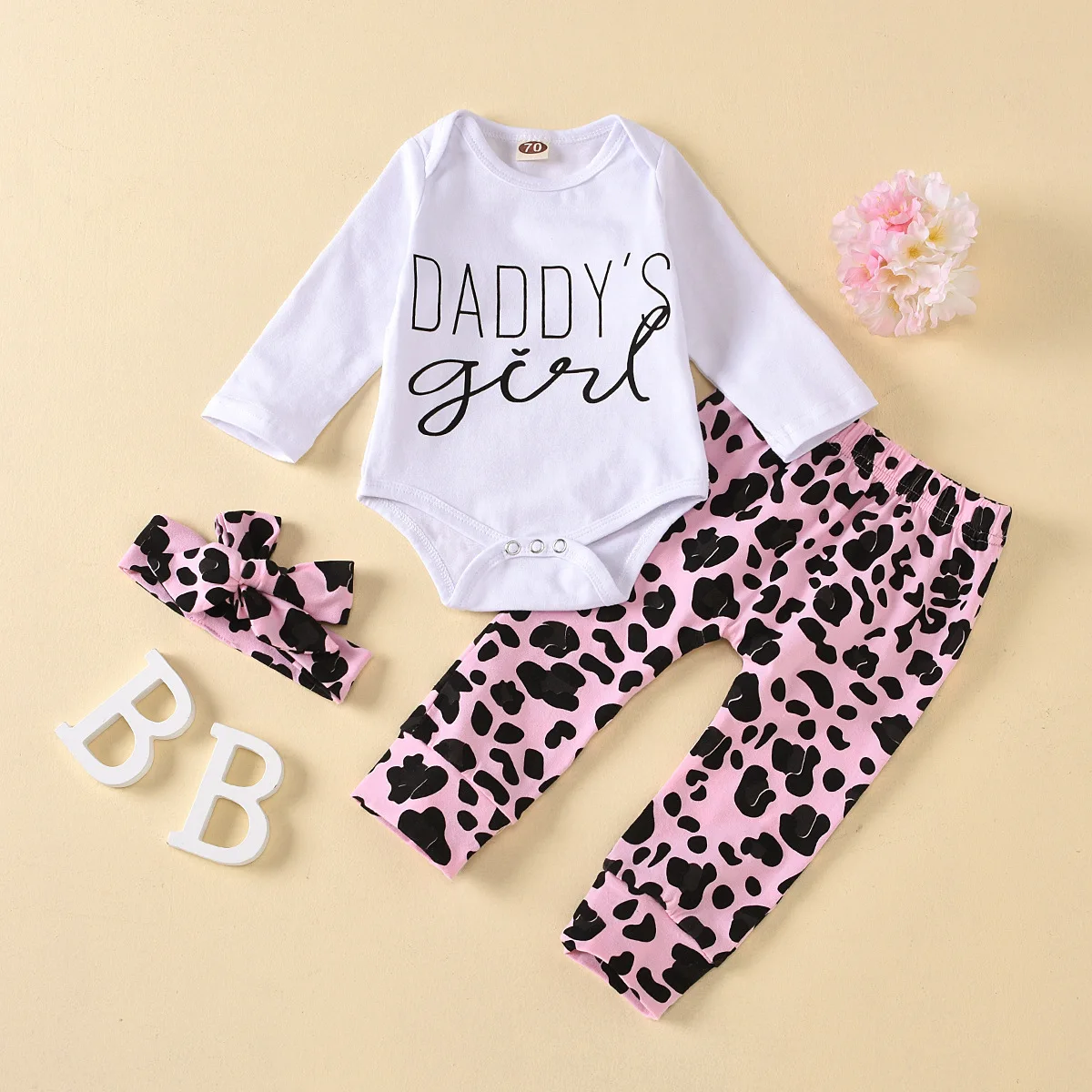 

Baby Girl Outfit Baby Girl Clothes Set Cotton Letter Long Sleeve Bodysuit Tops+leopard Print Trousers+headband 3 Pieces 0-18M