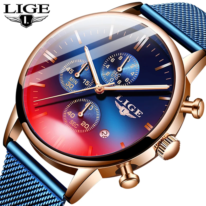 Часы наручные LIGE мужские с сетчатым ремешком брендовые Роскошные повседневные
