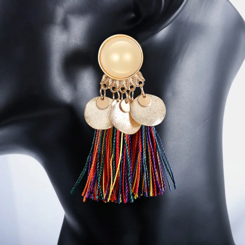 

BLINLA Bohemian Tassel Resin Long Drop Earrings for Women 2019 Fashion Female Jewelry Handmade Silk Fabric Fringe Dangle Earring