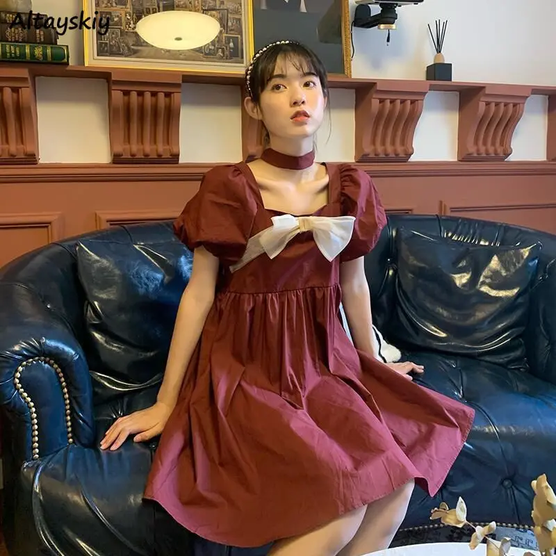 

Dresses Womens Puff Sleeve French Style Bow Kawaii Lovely Vintage Retro Above-knee Sweet Girlish Vestidos Loose Summer Female