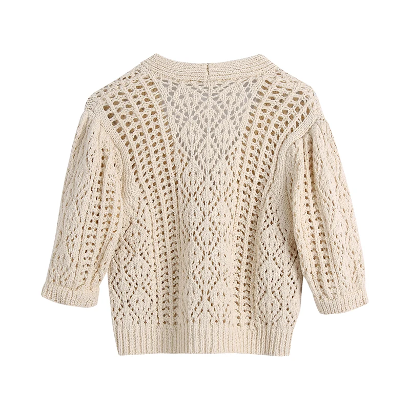

Spring and Autumn Women's Casual Pure Color V-neck Short Sleeve Hollow Cardigan Sweater