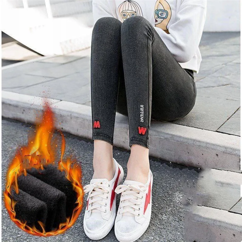 Эластичные кашемировые теплые джинсы для женщин размера плюс черные с высокой