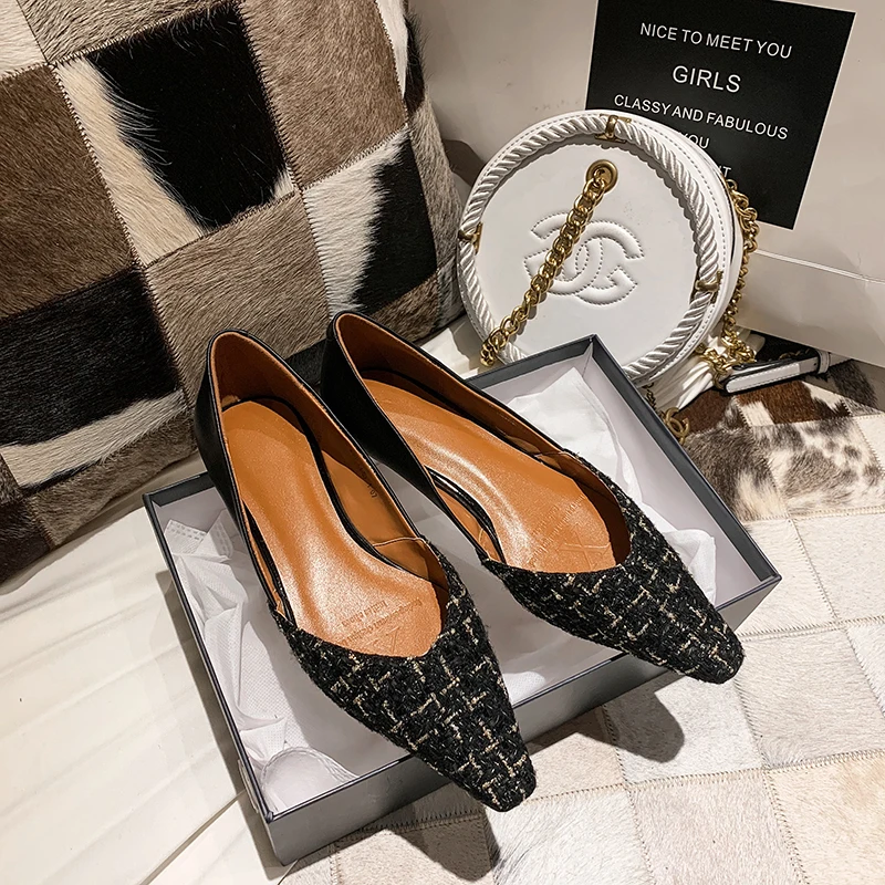 

ISNOM Women Flats Slip on Flat Pointed Toe Casual Shoes Plaid Boat Shoes Low Heels Female Shoes Shallow Ladies Spring Fashion
