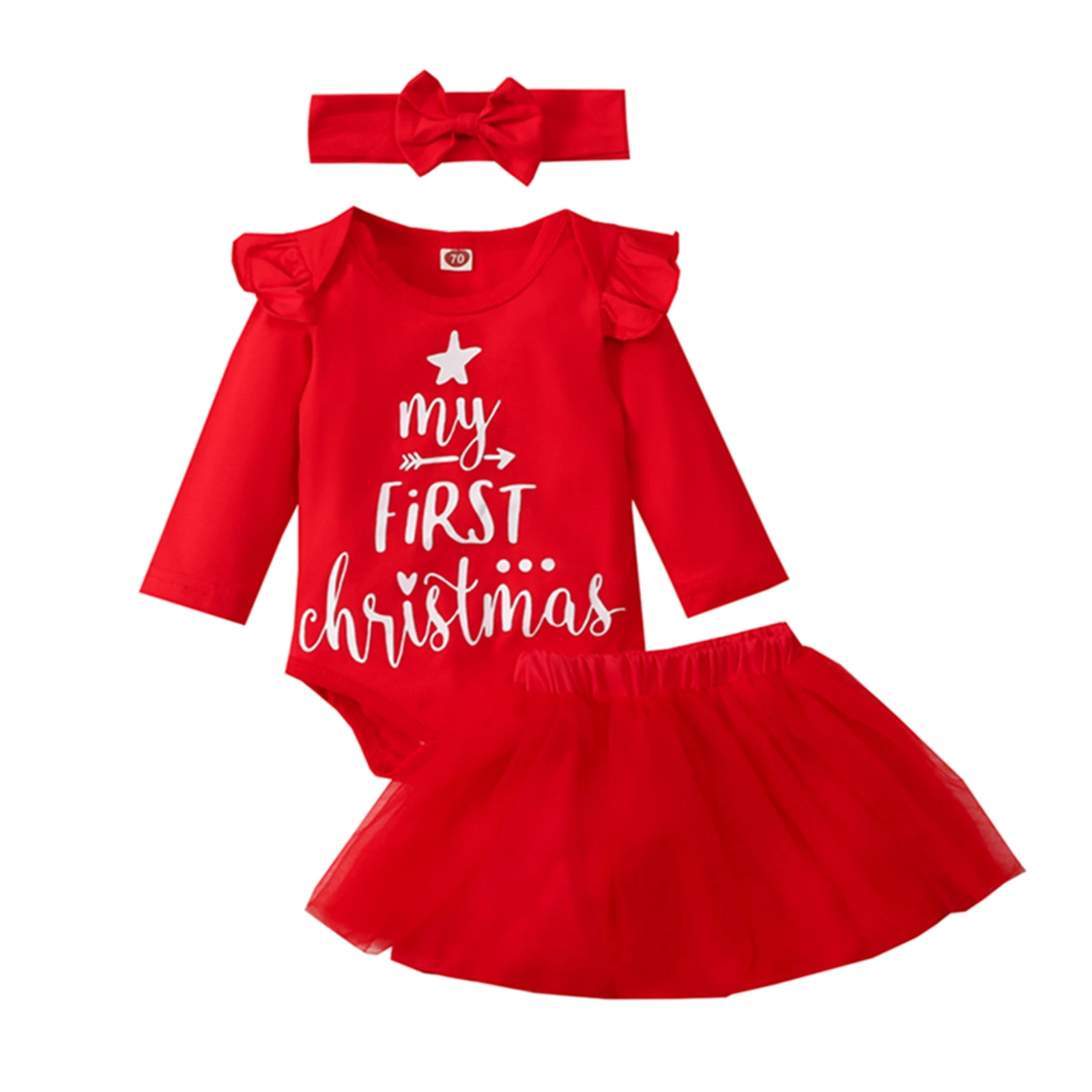 

Toddler Newborn Baby Girls Three-piece Clothes Set, Letters Printed Pattern Romper, Yarn Skirt and Headdress, Green/ Red