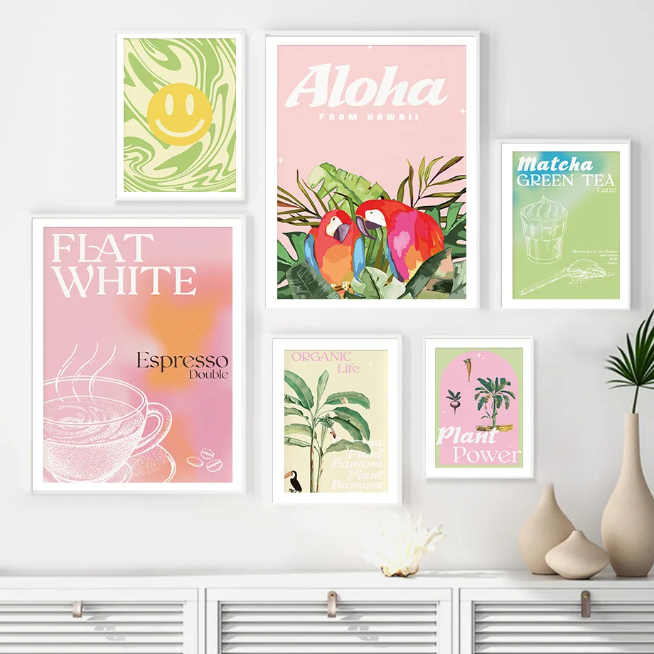 

Flat White Green Tea Parrot Banana Plant Wall Art Canvas Painting Nordic Posters And Prints Pictures For Living Room Home Decor