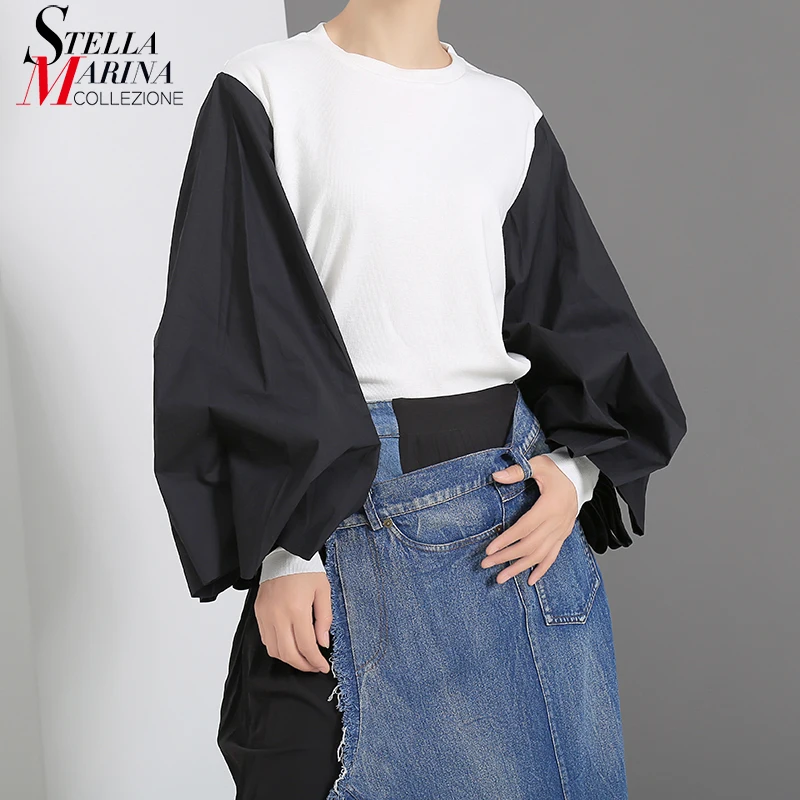 Новинка 2019 корейский стиль женская белая черная Лоскутная Осенняя футболка с