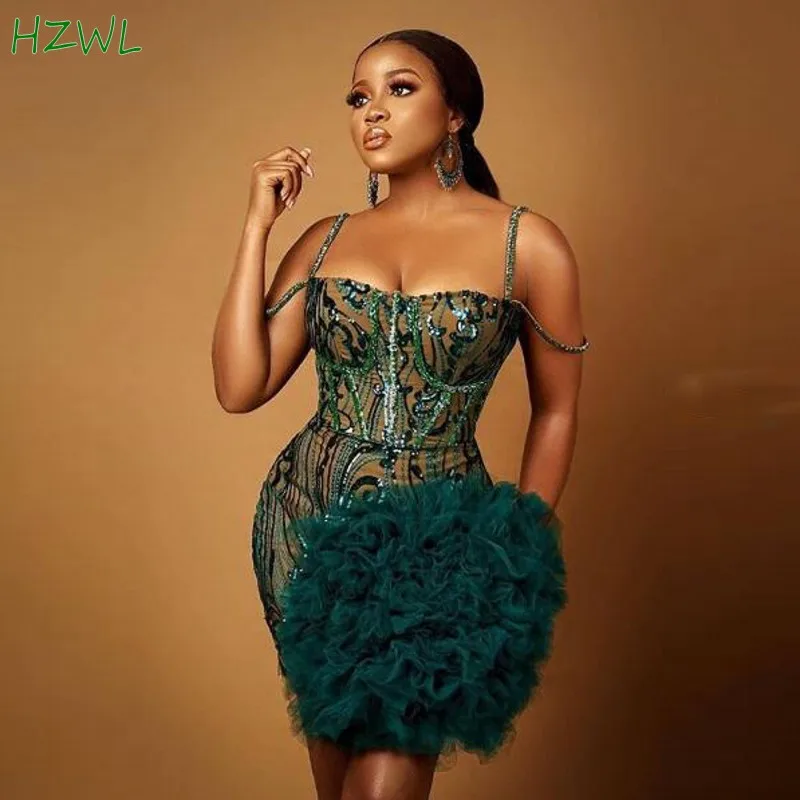 

Aso Ebi African Dark Green Short Prom Dresses Sexy Spaghetti Plus Size Ruffles Tulle Evening Gowns Zipper Back Party Dress