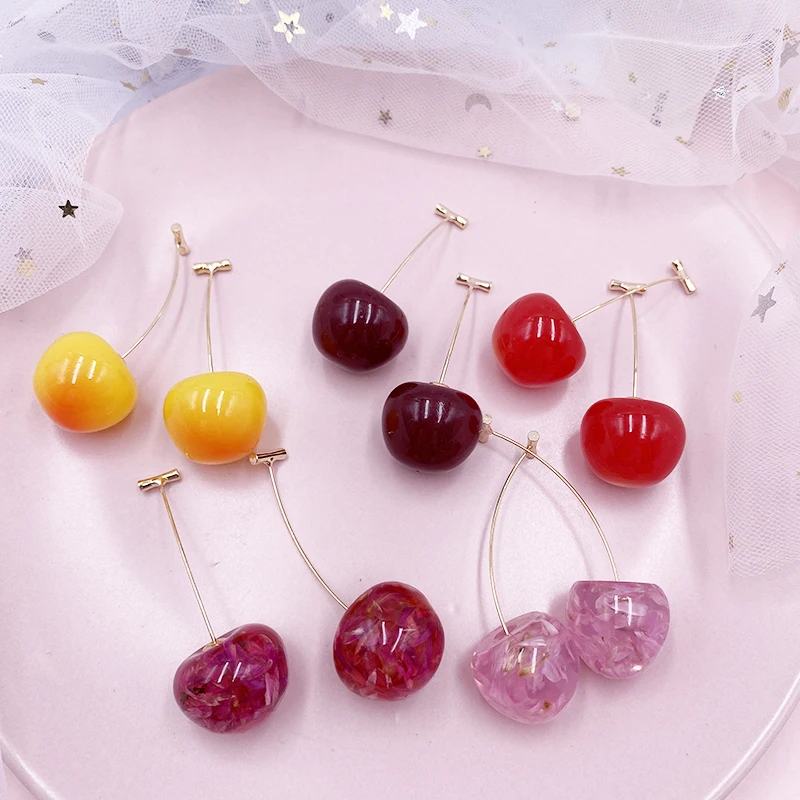 

LOVOACC Sweet Clear Resin Red Cherry Earrings Gold Color Alloy Separated Long Drop Earrings for Women Beach Holiday Jewellery