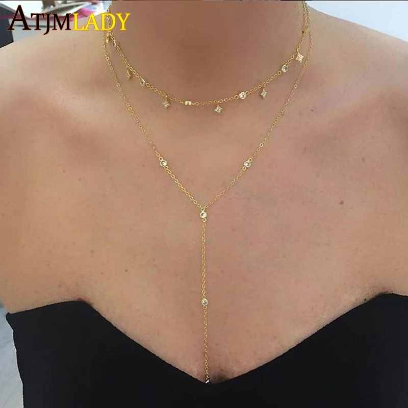 Ожерелье женское длинное с фианитами элегантное простое Ювелирное Украшение