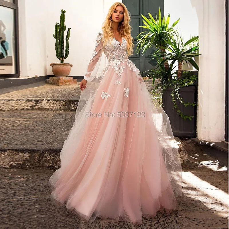 Pink Long Sleeves A Line Wedding Dresses Lace Appliques V Neck Bridal Gowns Court Train Vestido De Noiva Back Button | Свадьбы и