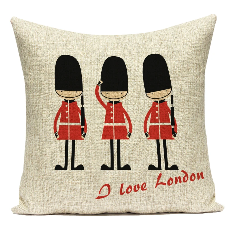 Милый чехол для подушки из полиэстера в стиле карикатурного лондонского солдата, здания, автобуса и флага для украшения гостиной - Альмофадас.