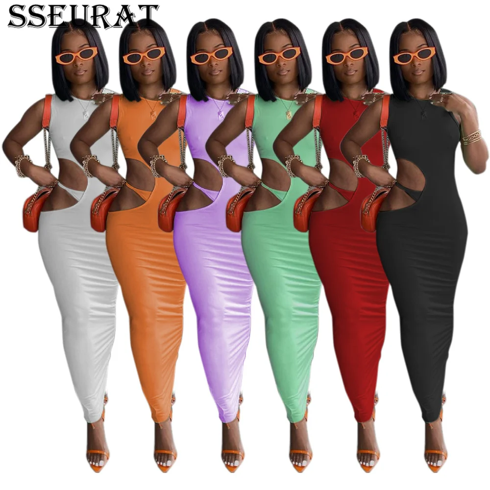 Женское длинное платье карандаш SSEURAT однотонное облегающее без рукавов и с