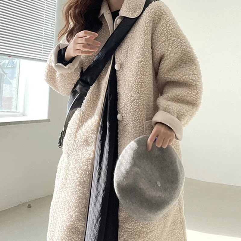 

Liangliangjia Winter Lazy Wind Lapel Double Pockets Loose Thickened Warm Medium and Long Lamb Wool Coat Female