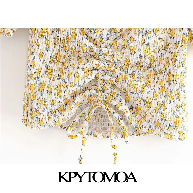 

KPYTOMOA Women 2020 Fashion With Drawstring Floral Print Cropped Blouses Vintage Puff Sleeve Back Elastic Female Shirts Chic Top