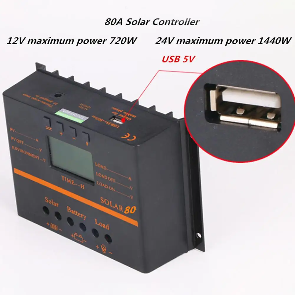 

AMYGOJJ 80A PWM 12V 24V LCD Solar Controller Photovoltaic Solar Panel Charging Discharging Controller