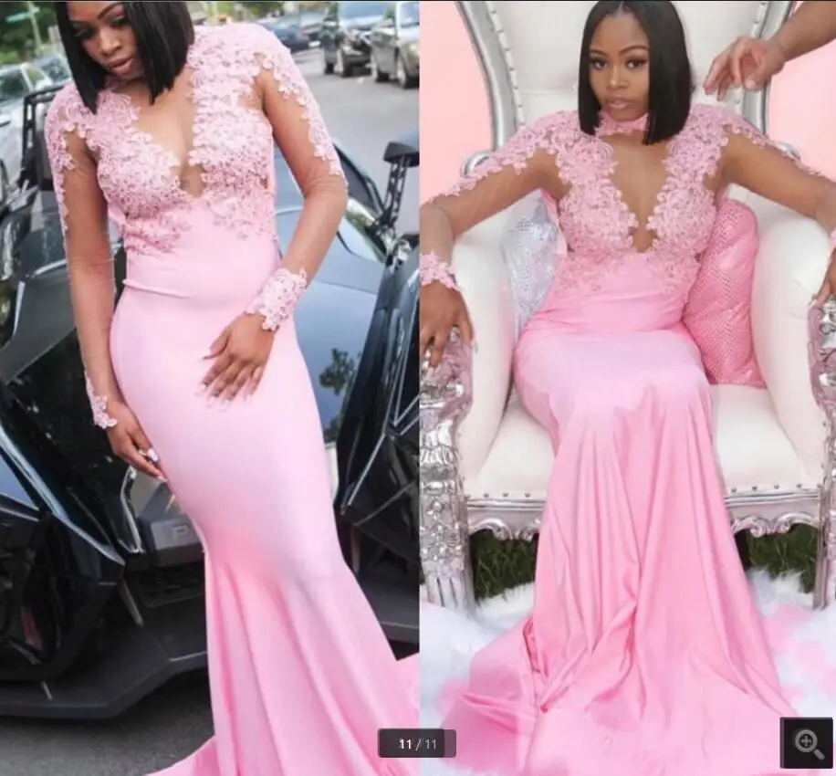 

2021 Vestido De Festa pink satin mermaid prom dresses beaded lace appliques long sleeve high neckline pary dress court train
