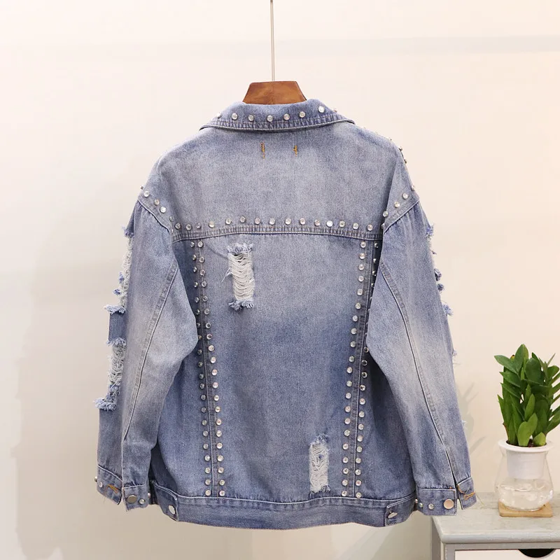 

Ripped Hole Personalized Diamonds Loose Jean Jackets European Style Autumn Long Sleeve Denim Coat Jacket Women Streetwear
