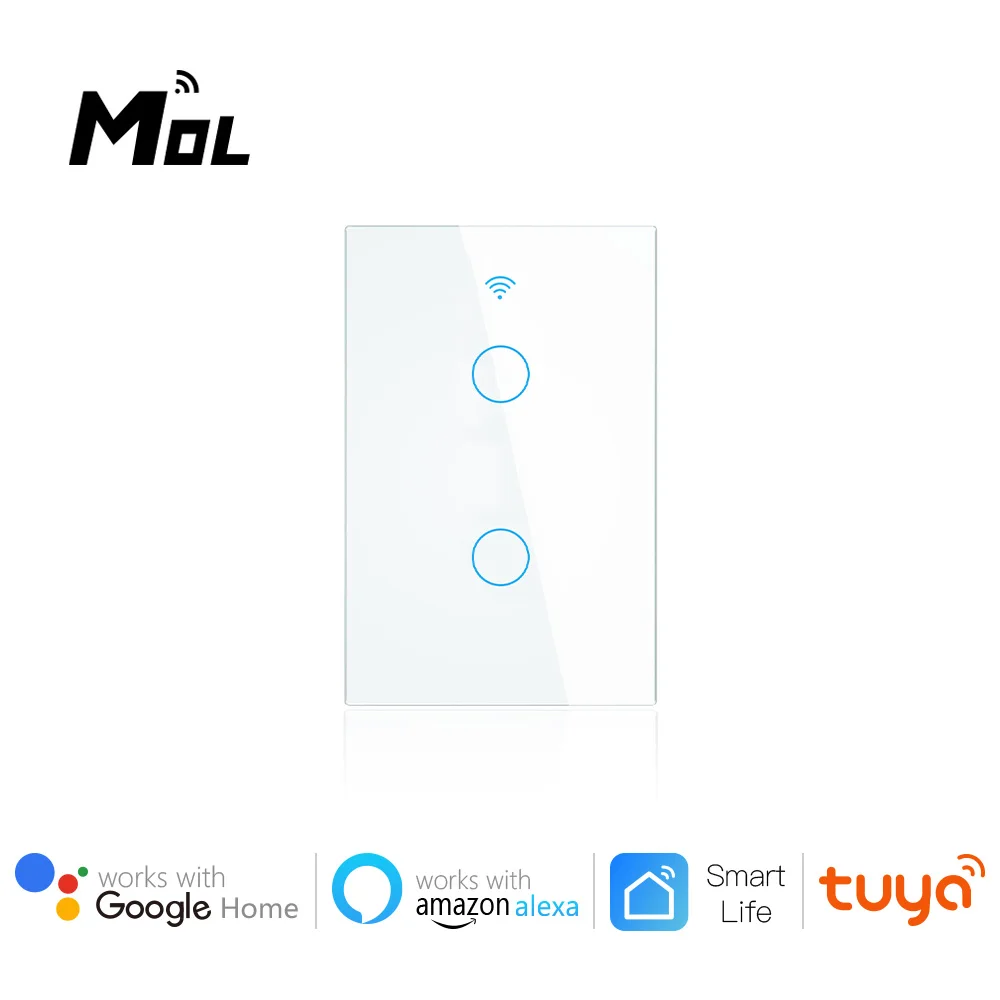 

Tuya Wifi Smart Light Switch US 2 Gang White Touch Panel Wall Switch 110-240V Neutral Required Compatible Alexa Google Home