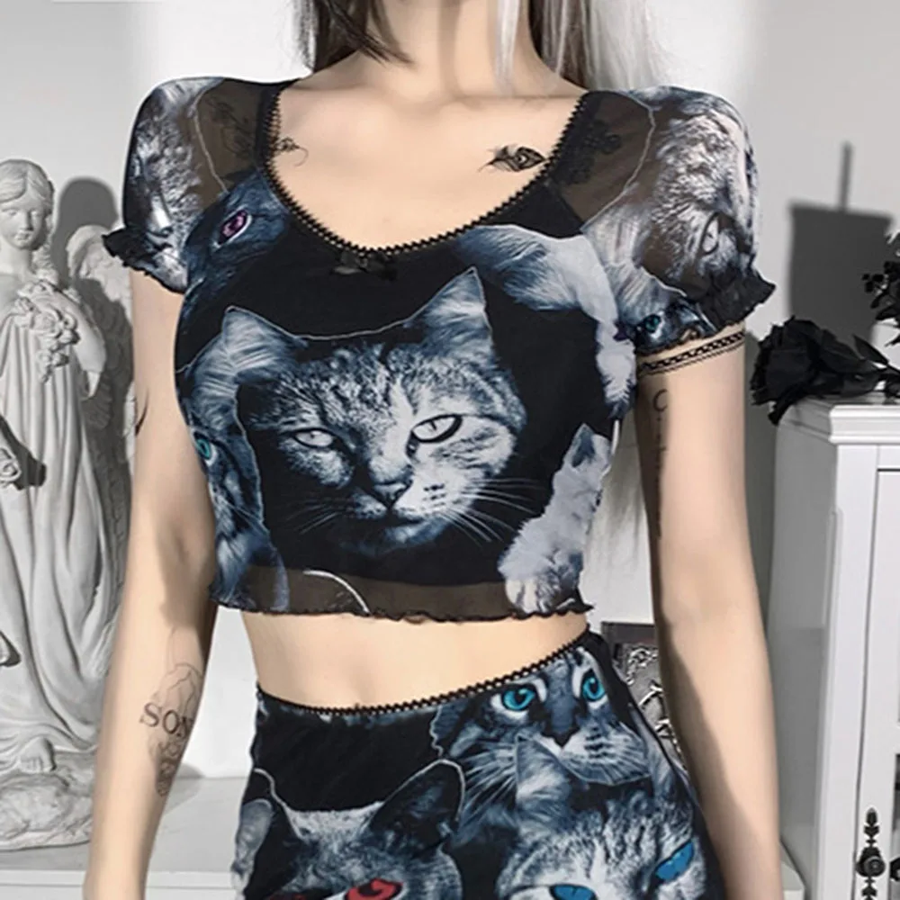 

2021 Summer New High Street Fashion T-Shirt Net Yarn Cat Printing V-neck Perspective Sexy Summer Hipster Design Europe America