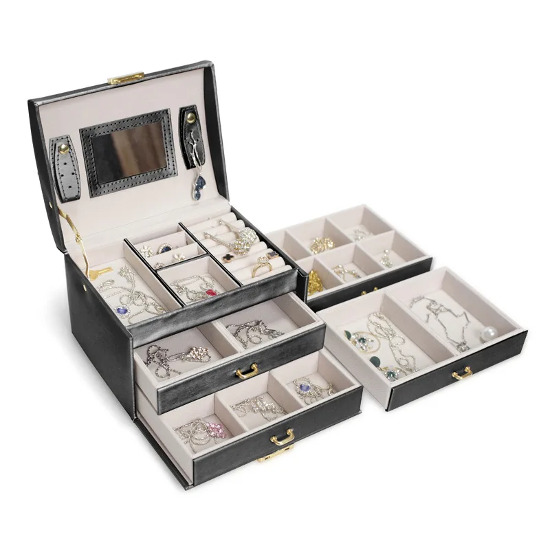 2020 new three-layer drawer type jewelry box portable leather jewelry storage box ring earrings watch storage box