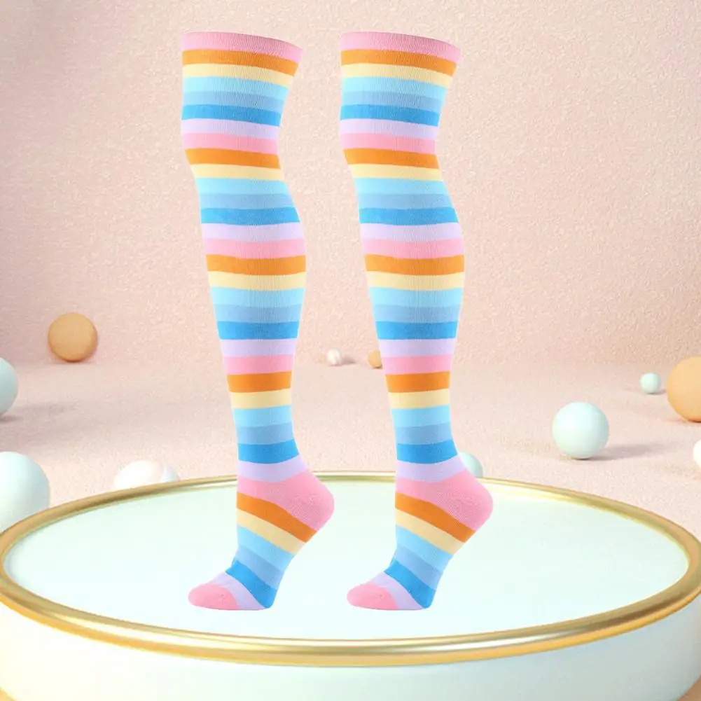 

1 Pair Practical Extra Long Opaque Striped Over Knee High Stockings Anti-slip Rainbow Thigh Socks Fadeless for Party