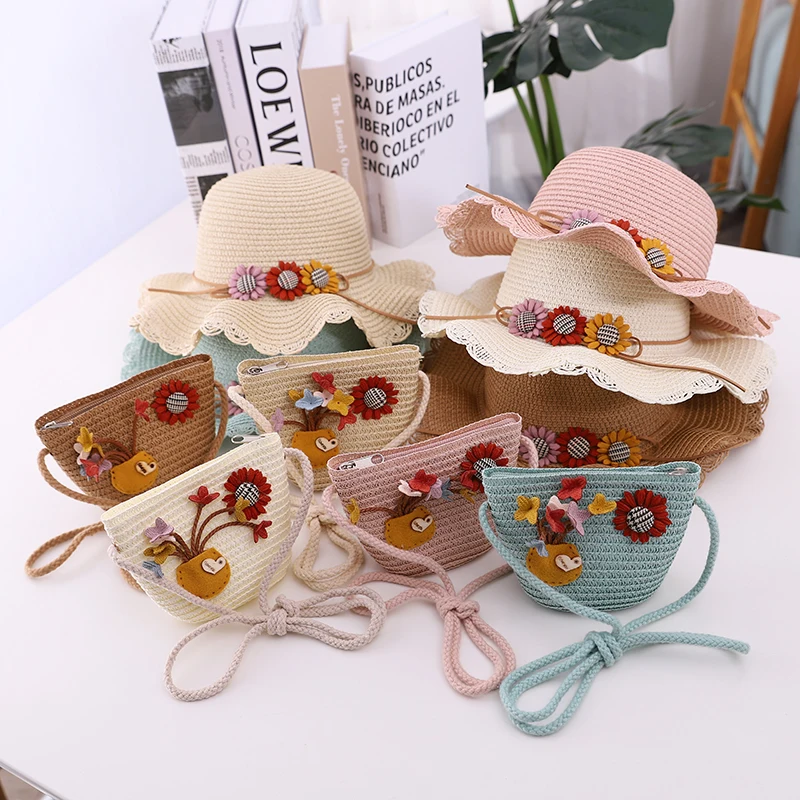 

Children Girl Fashion Straw Hat Cute Sweet Flowers Sun Hat With Shoulder Bag Set Girls Breathable Anti-UV Beach Hat 2-6 Year