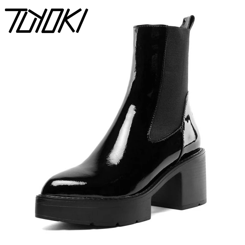 

Женские сапоги до середины икры Tuyoki, зимние сапоги из натуральной кожи на платформе и квадратном каблуке, обувь в стиле панк, размеры 34-43