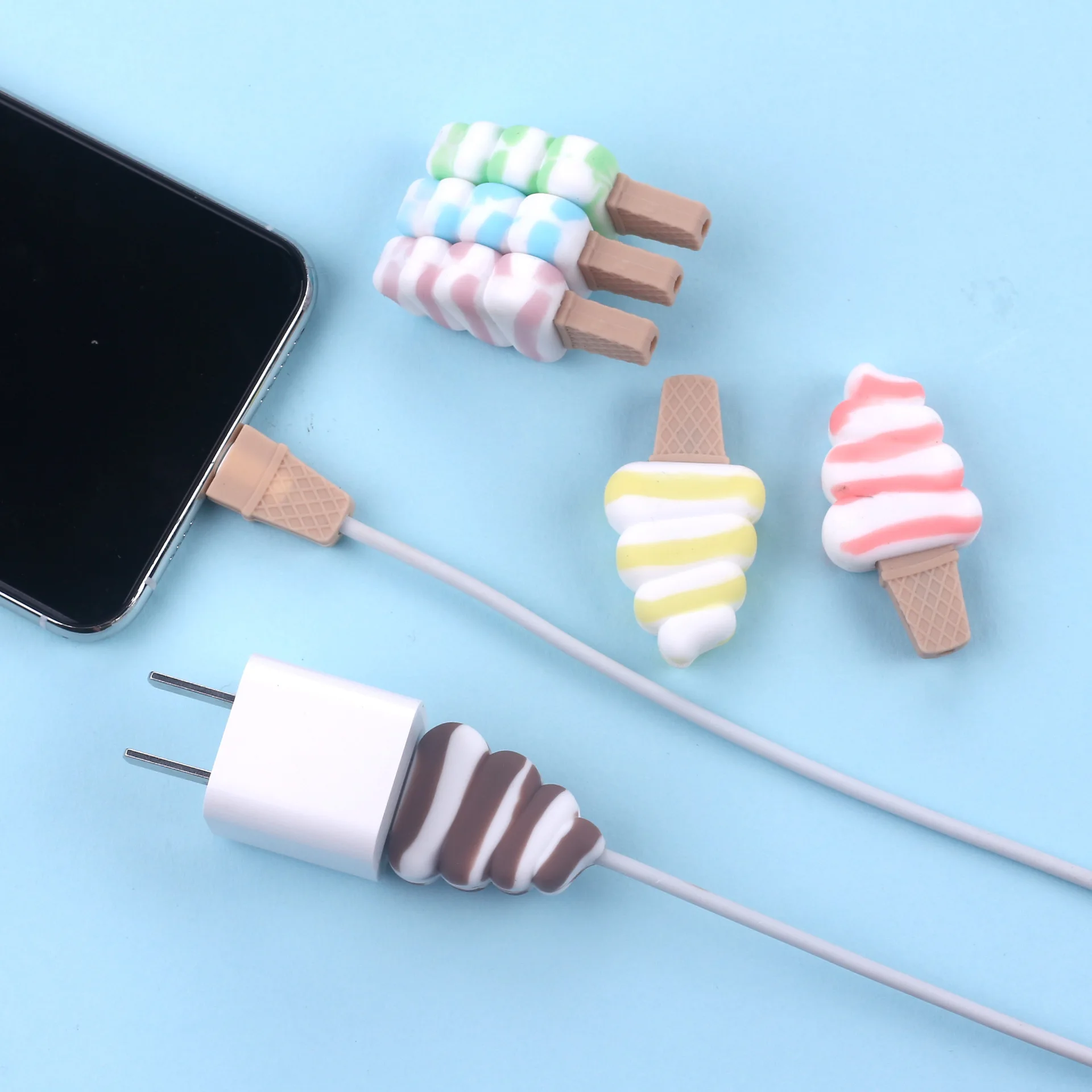 

USB Charger Data Cord Protector Cartoon Cable Protector Data Line Cord Protector Cute ice cream Cable Saver Cover Cable Winder