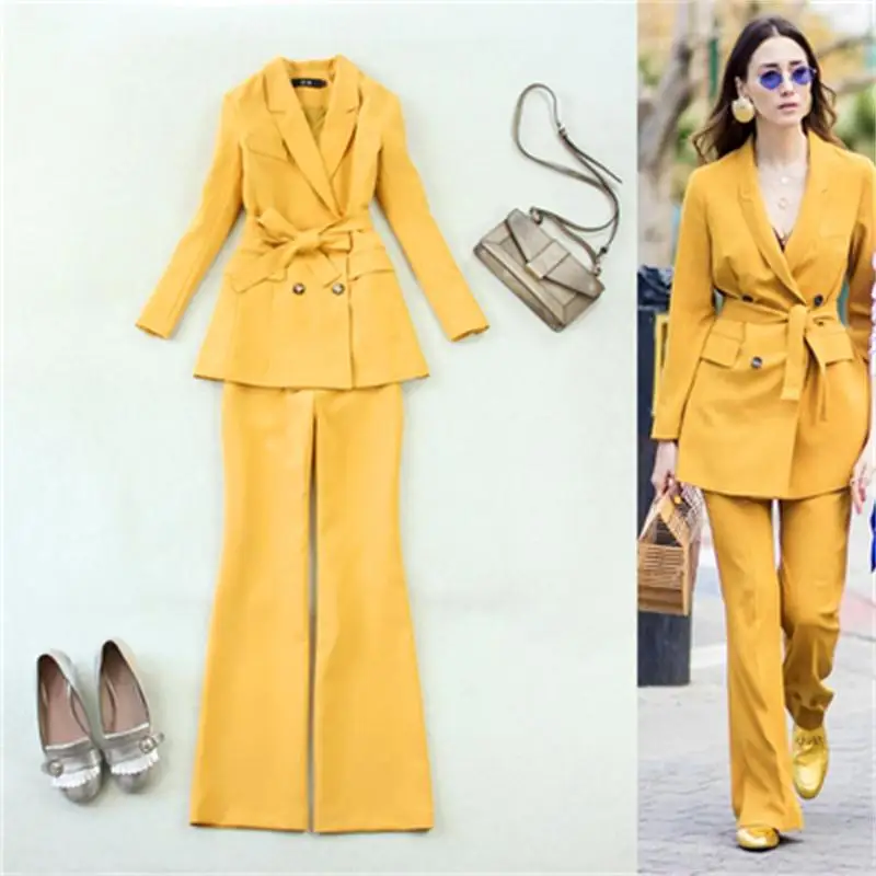 

Fashion Pant Suits women Spring summer New high quality OL yellow tie double-breasted suit + trumpet trousers professional suit