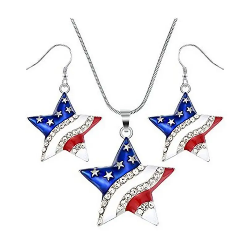 

USA Flag Necklace + Dangle Earrings American Flag Pendant Jewellery