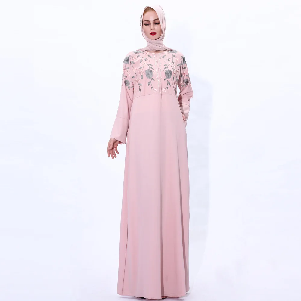 Женское длинное платье с вышивкой, однотонное платье в мусульманском стиле ретро с круглым вырезом, высокой талией и молнией спереди, плать...